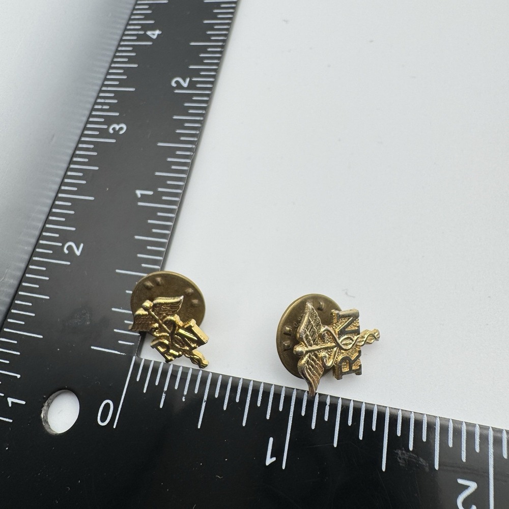 2 Vtg RN Registered Nurse Caduceus Tie Hat Lapel Pin Gold Tone Medical Nursing - Picture 5 of 5